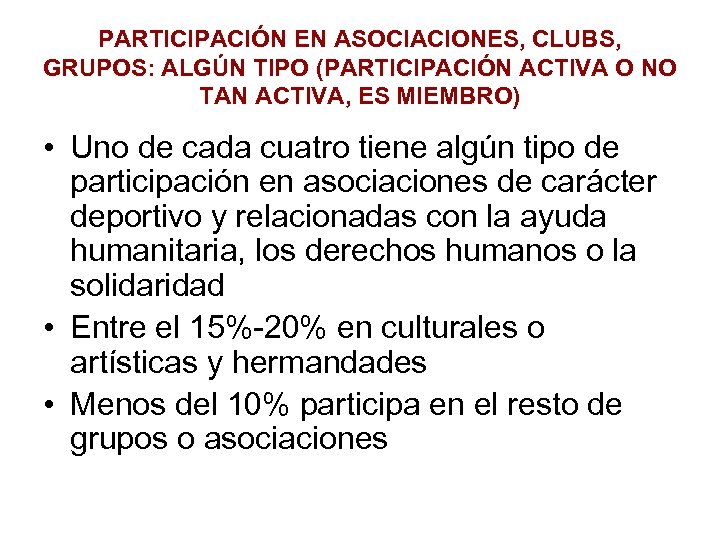 PARTICIPACIÓN EN ASOCIACIONES, CLUBS, GRUPOS: ALGÚN TIPO (PARTICIPACIÓN ACTIVA O NO TAN ACTIVA, ES