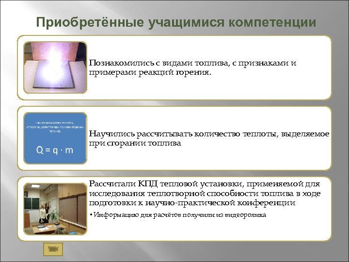 Приобретённые учащимися компетенции Познакомились с видами топлива, с признаками и примерами реакций горения. Научились