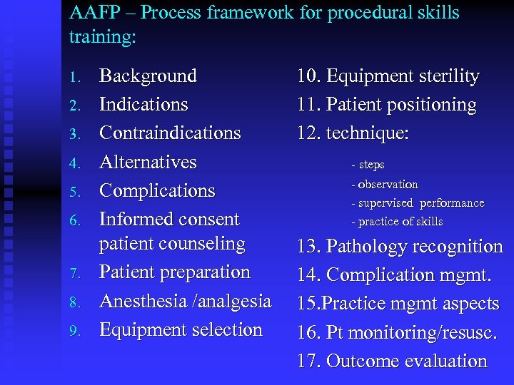 AAFP – Process framework for procedural skills training: 1. 2. 3. 4. 5. 6.