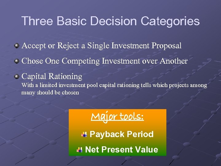 Three Basic Decision Categories Accept or Reject a Single Investment Proposal Chose One Competing