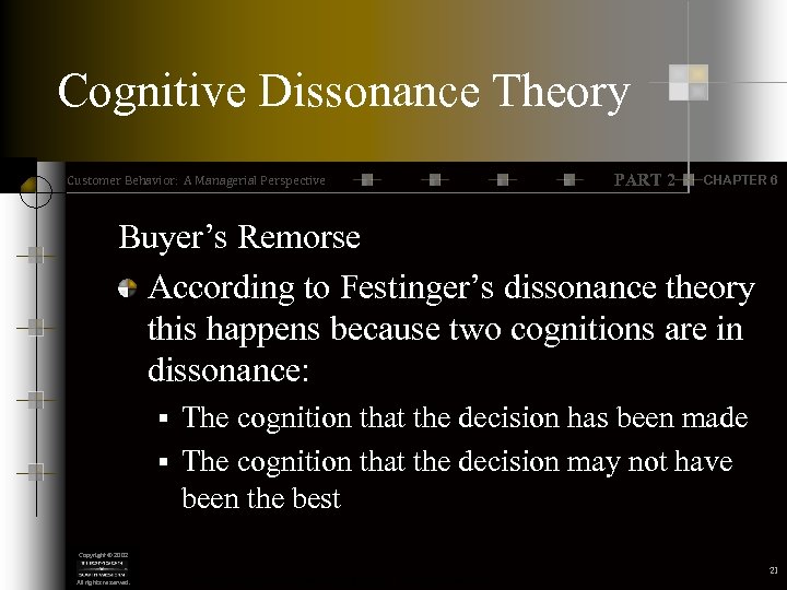 Cognitive Dissonance Theory Customer Behavior: A Managerial Perspective PART 2 CHAPTER 6 Buyer’s Remorse