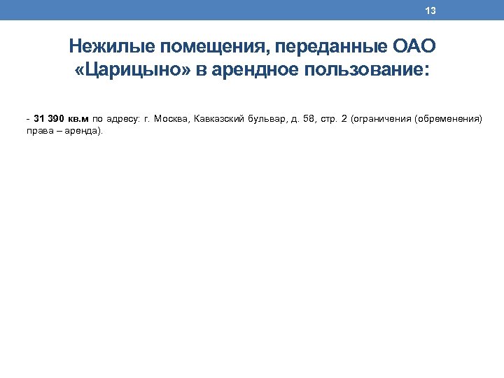 13 Нежилые помещения, переданные ОАО «Царицыно» в арендное пользование: - 31 390 кв. м