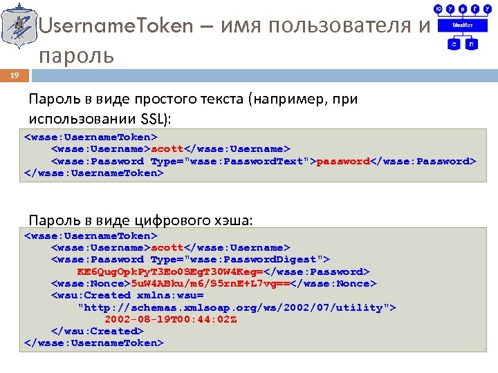 Username. Token – имя пользователя и пароль 19 Пароль в виде простого текста (например,