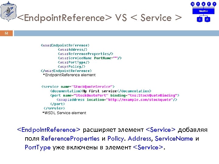 <Endpoint. Reference> VS < Service > 32 *Endpoint. Reference element *WSDL Service element <Endpoint.