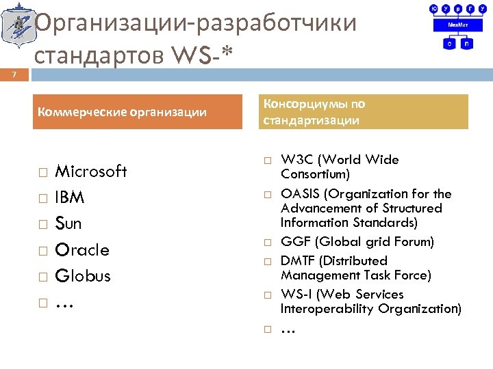 7 Организации-разработчики стандартов WS-* Коммерческие организации Microsoft IBM Sun Oracle Globus … Консорциумы по
