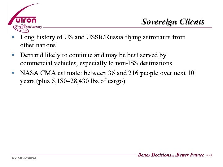 Sovereign Clients • Long history of US and USSR/Russia flying astronauts from other nations