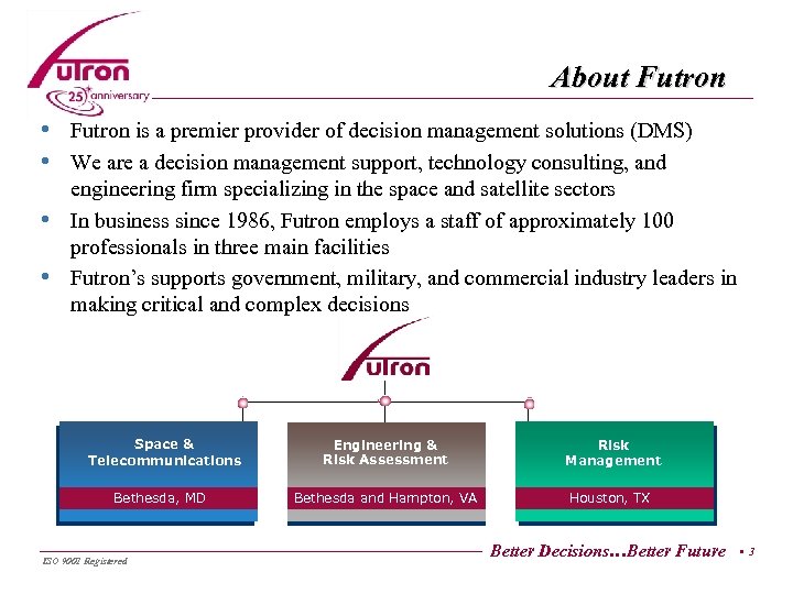 About Futron • Futron is a premier provider of decision management solutions (DMS) •