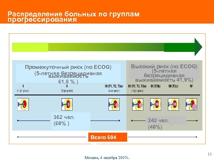 Распределение больных по группам прогрессирования Промежуточный риск (по ECOG) (5 -летняя безрецидивная выживаемость 61,