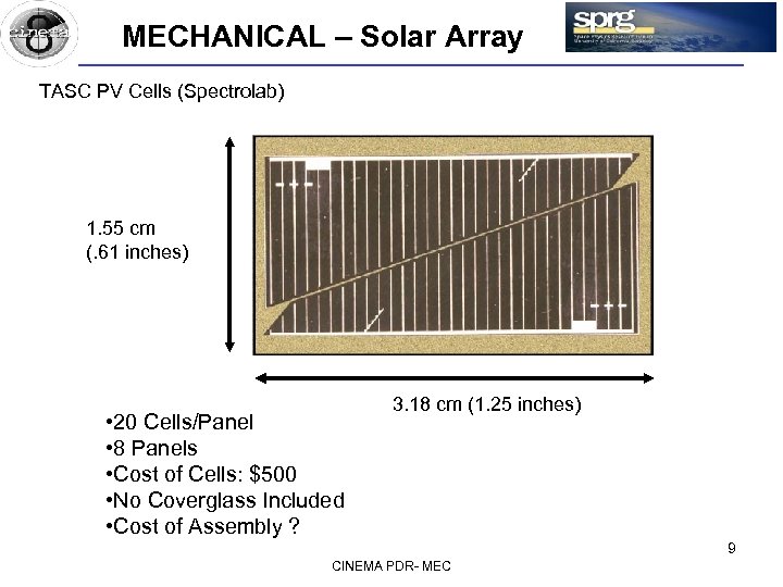 MECHANICAL – Solar Array TASC PV Cells (Spectrolab) 1. 55 cm (. 61 inches)