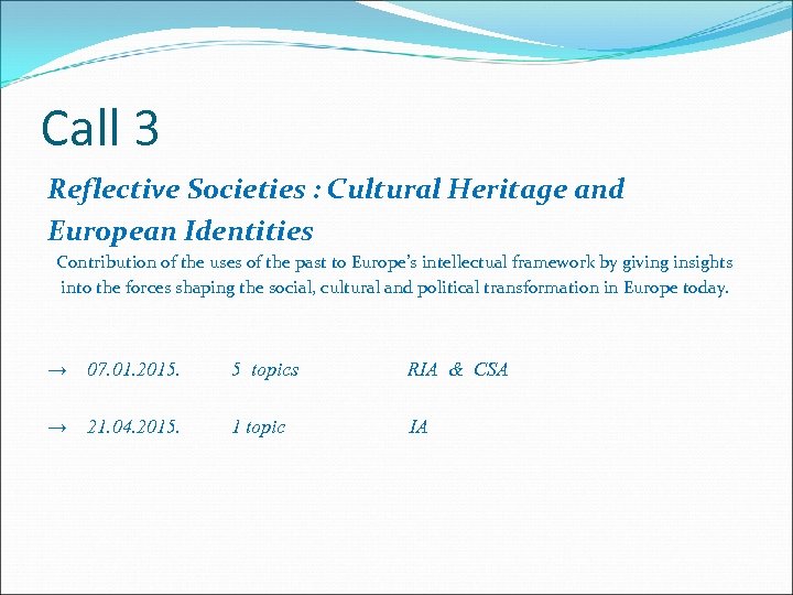 Call 3 Reflective Societies : Cultural Heritage and European Identities Contribution of the uses