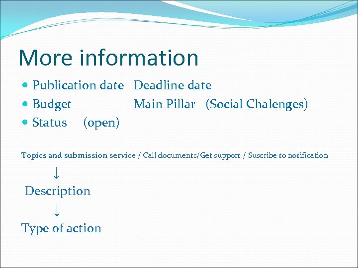 More information Publication date Deadline date Budget Main Pillar (Social Chalenges) Status (open) Topics