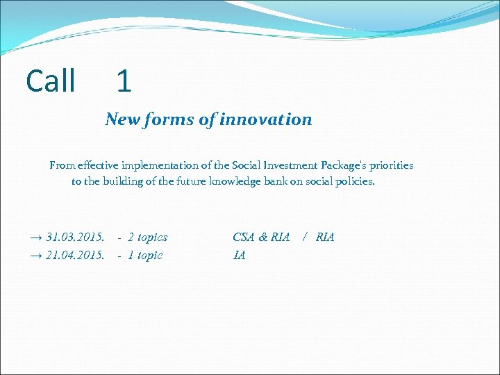 Call 1 New forms of innovation From effective implementation of the Social Investment Package's