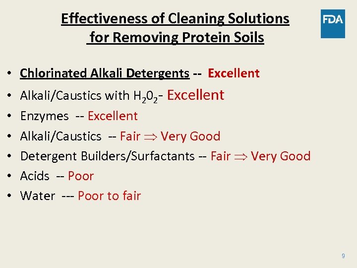 Effectiveness of Cleaning Solutions for Removing Protein Soils • Chlorinated Alkali Detergents -- Excellent