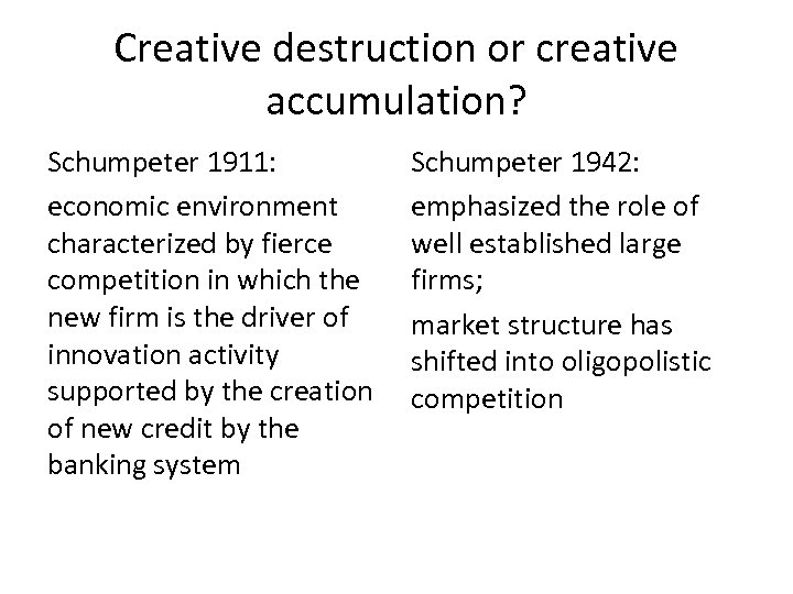 Creative destruction or creative accumulation? Schumpeter 1911: economic environment characterized by fierce competition in