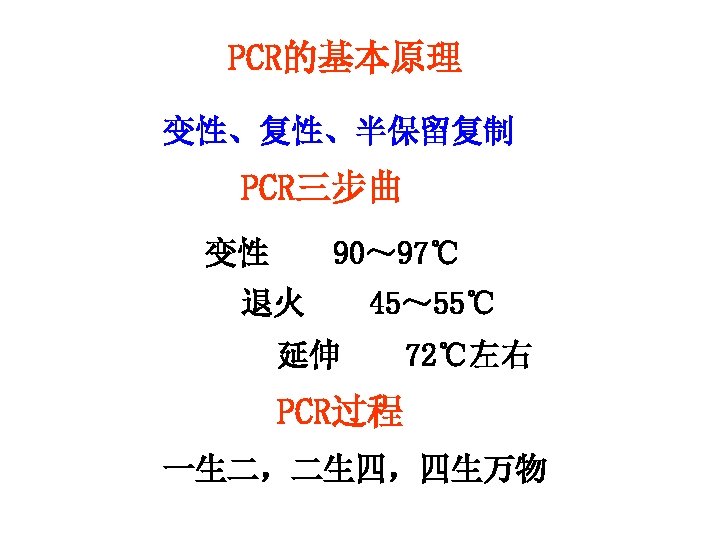 PCR的基本原理 变性、复性、半保留复制 PCR三步曲 变性 90～ 97℃ 退火 45～ 55℃ 延伸 72℃左右 PCR过程 一生二，二生四，四生万物 