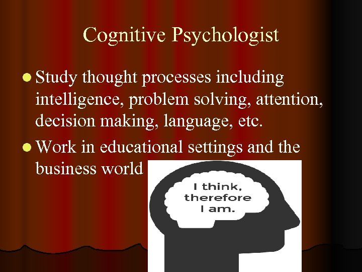 Cognitive Psychologist l Study thought processes including intelligence, problem solving, attention, decision making, language,