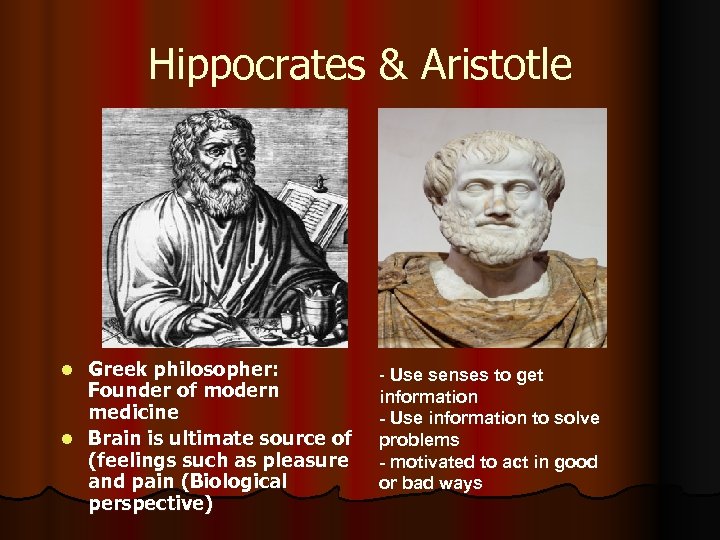 Hippocrates & Aristotle Greek philosopher: Founder of modern medicine l Brain is ultimate source