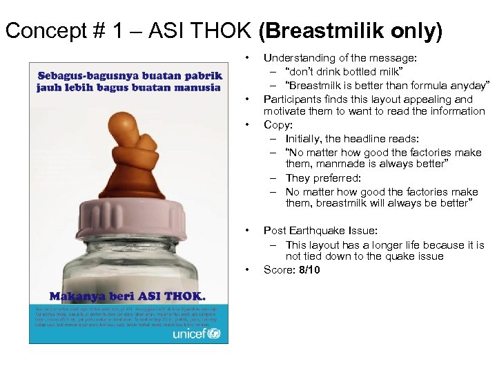 Concept # 1 – ASI THOK (Breastmilik only) • • • Understanding of the