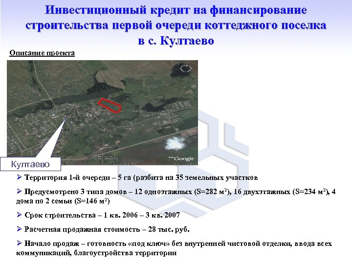 Инвестиционный кредит на финансирование строительства первой очереди коттеджного поселка в с. Култаево Описание проекта