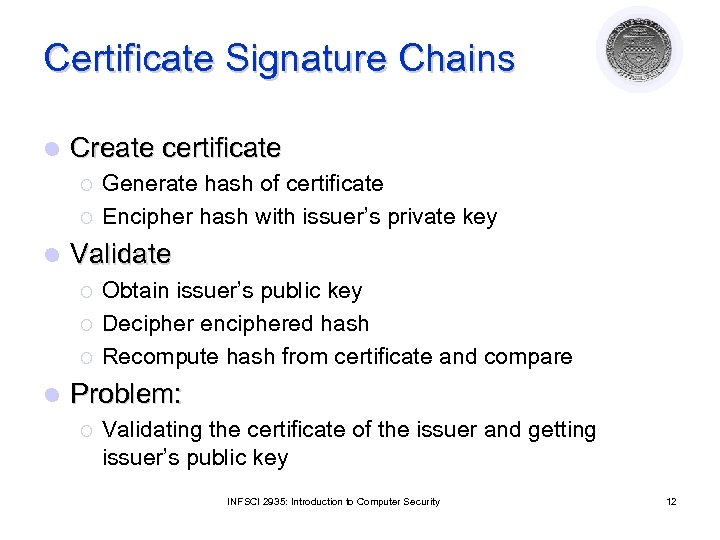 Certificate Signature Chains l Create certificate ¡ ¡ l Validate ¡ ¡ ¡ l