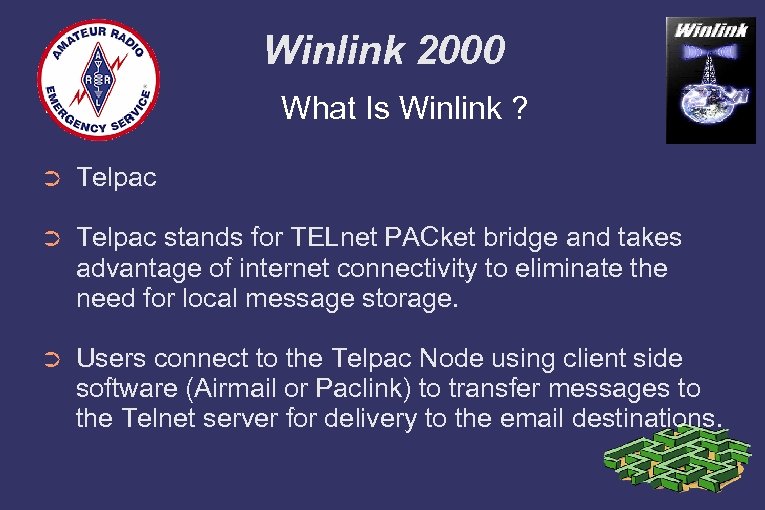 Winlink 2000 What Is Winlink ? ➲ Telpac stands for TELnet PACket bridge and