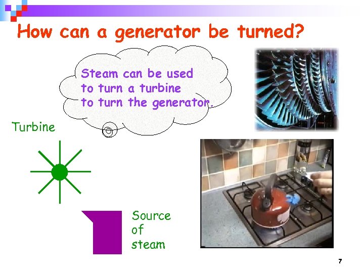 How can a generator be turned? Steam can be used to turn a turbine