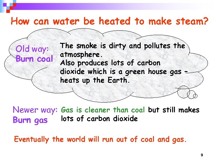 How can water be heated to make steam? Old way: The smoke is dirty