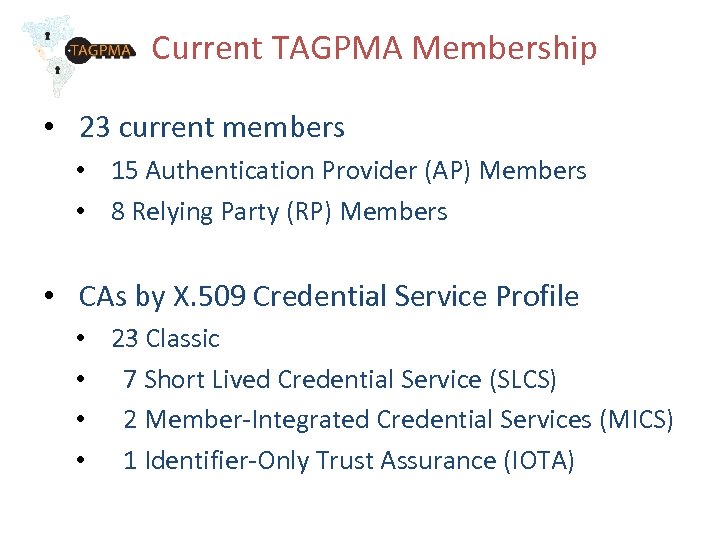 Current TAGPMA Membership • 23 current members • 15 Authentication Provider (AP) Members •