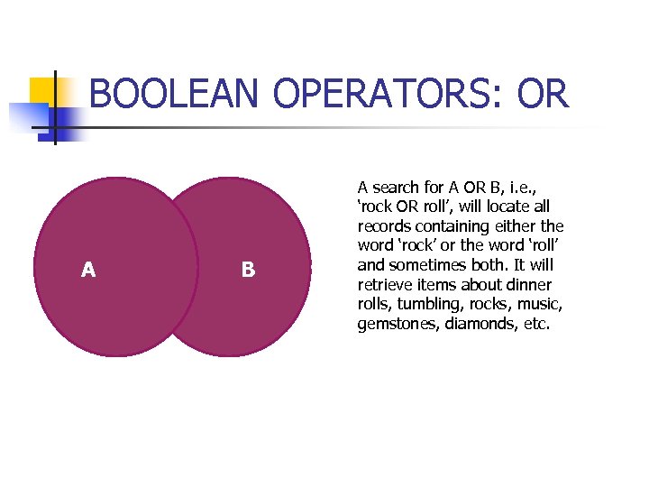 BOOLEAN OPERATORS: OR A ‘A’ O R ‘B’ B A search for A OR