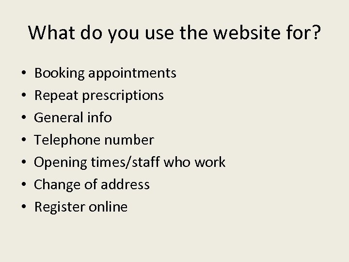 What do you use the website for? • • Booking appointments Repeat prescriptions General