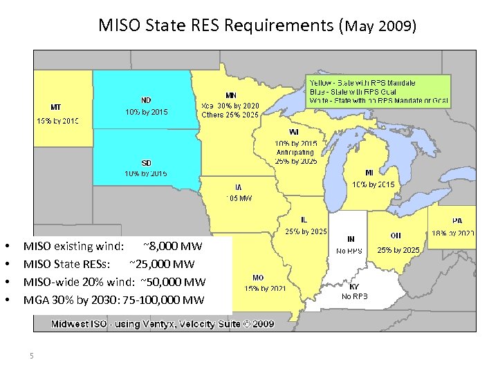 MISO State RES Requirements (May 2009) • • MISO existing wind: ~8, 000 MW
