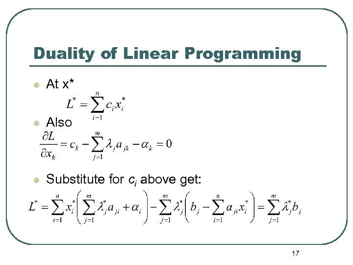 Duality of Linear Programming l At x* l Also l Substitute for ci above