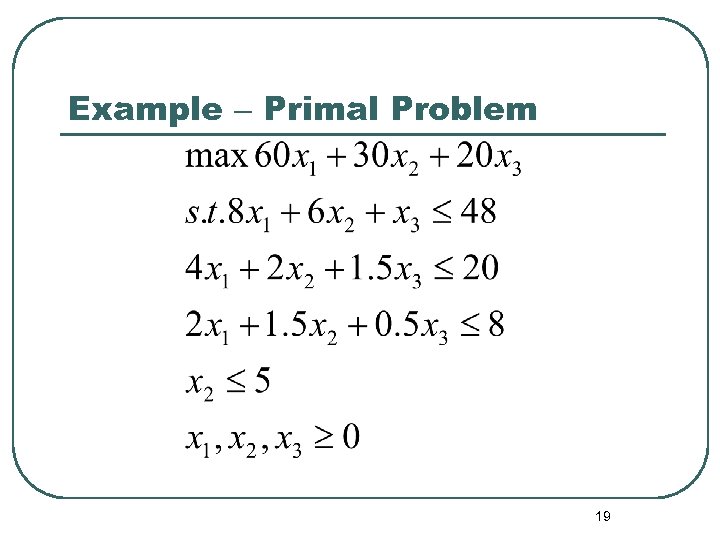 Example – Primal Problem 19 