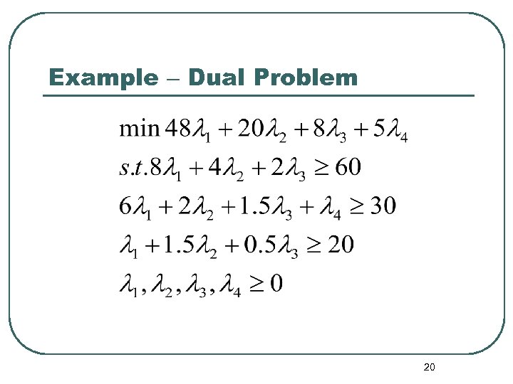 Example – Dual Problem 20 