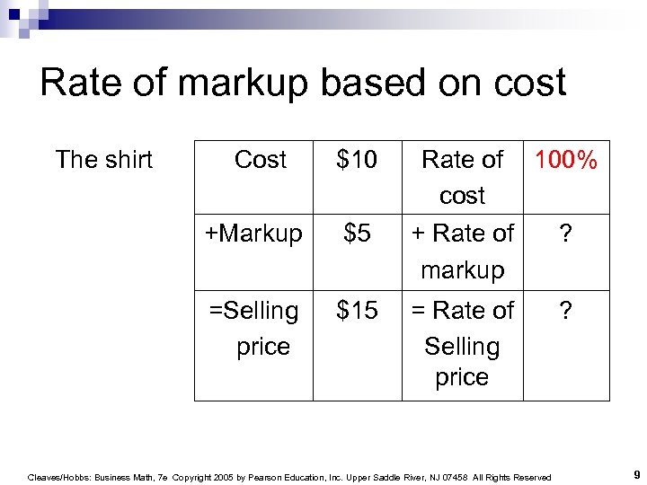 Rate of markup based on cost Cost $10 Rate of cost 100% +Markup $5