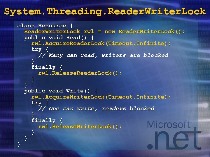 System. Threading. Reader. Writer. Lock class Resource { Reader. Writer. Lock rwl = new