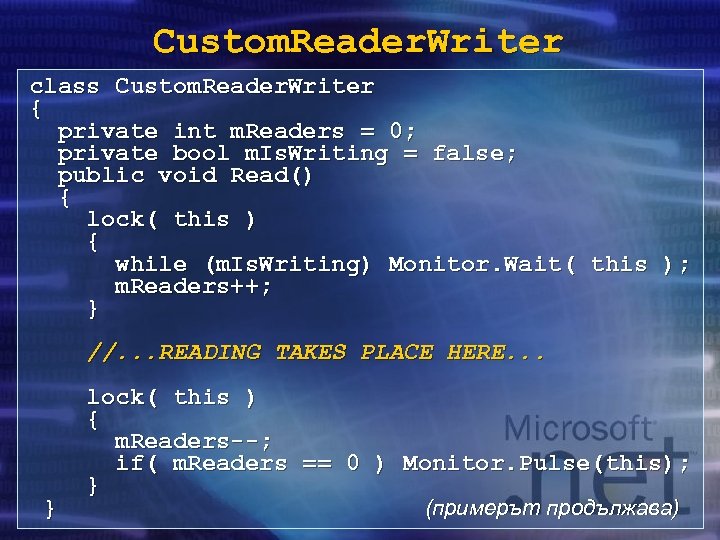 Custom. Reader. Writer class Custom. Reader. Writer { private int m. Readers = 0;