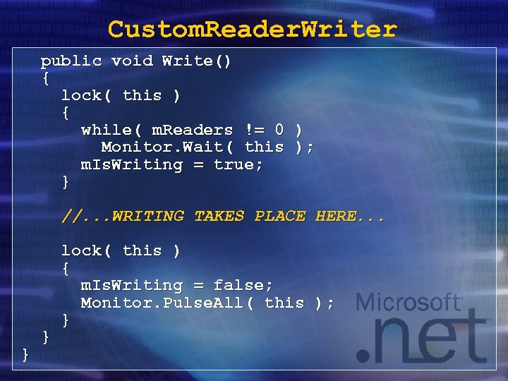 Custom. Reader. Writer public void Write() { lock( this ) { while( m. Readers