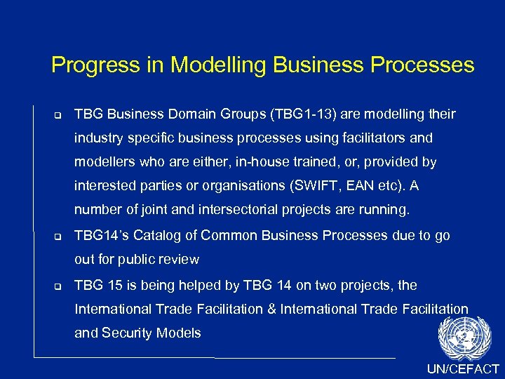 Progress in Modelling Business Processes TBG Business Domain Groups (TBG 1 -13) are modelling