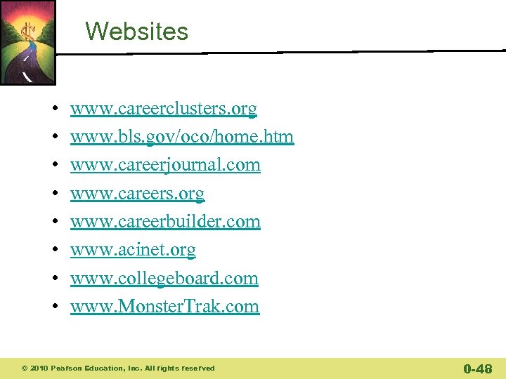 Websites • • www. careerclusters. org www. bls. gov/oco/home. htm www. careerjournal. com www.