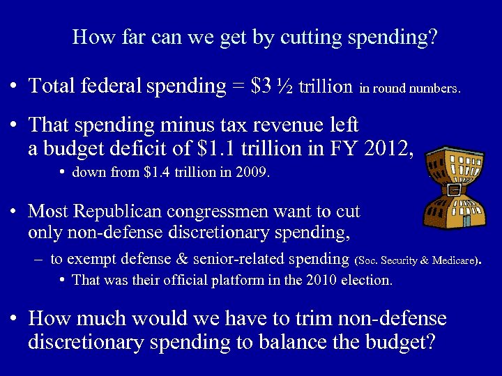 How far can we get by cutting spending? • Total federal spending = $3