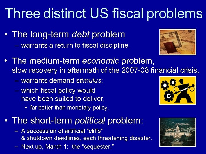 Three distinct US fiscal problems • The long-term debt problem – warrants a return