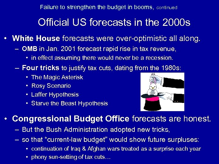 Failure to strengthen the budget in booms, continued Official US forecasts in the 2000