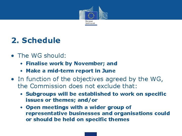 2. Schedule • The WG should: • Finalise work by November; and • Make