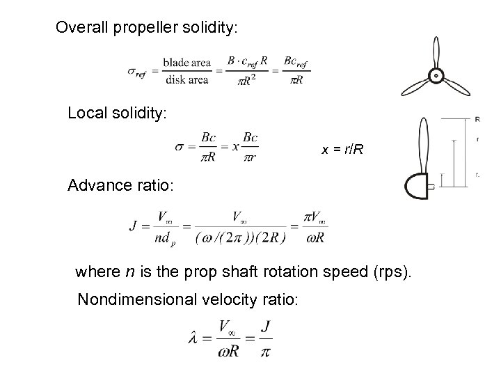 Overall propeller solidity: Local solidity: x = r/R Advance ratio: where n is the