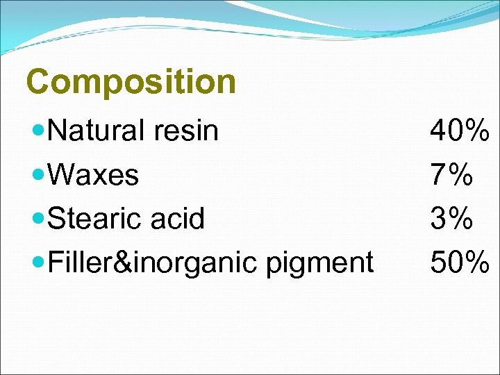 Composition Natural resin Waxes Stearic acid Filler&inorganic pigment 40% 7% 3% 50% 