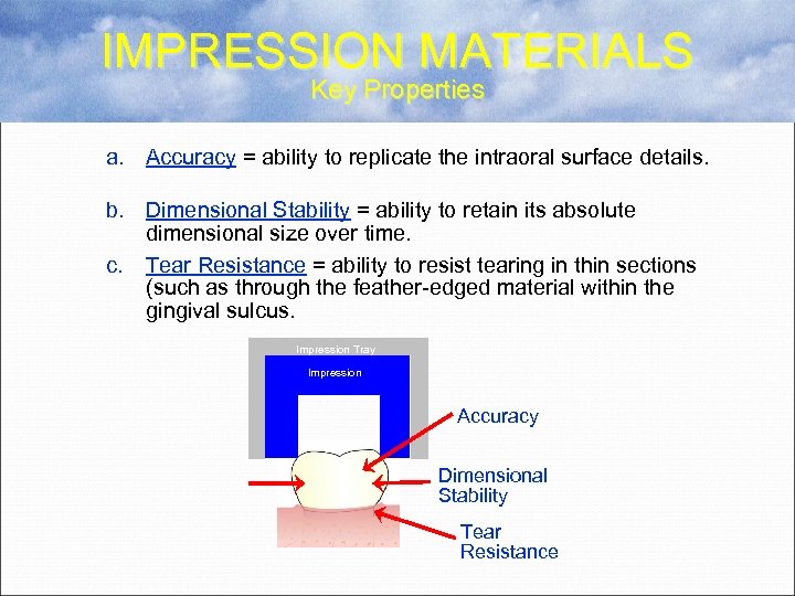 IMPRESSION MATERIALS Key Properties a. Accuracy = ability to replicate the intraoral surface details.