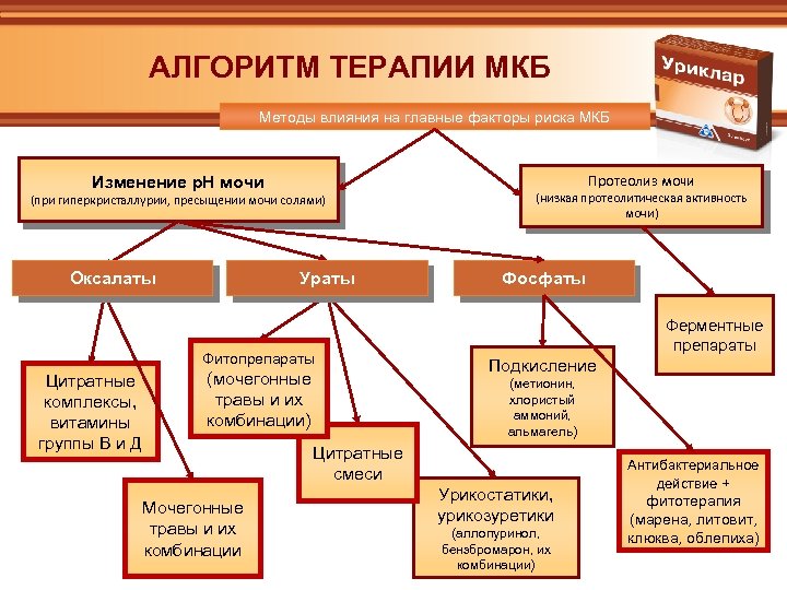 АЛГОРИТМ ТЕРАПИИ МКБ Методы влияния на главные факторы риска МКБ Протеолиз мочи Изменение р.