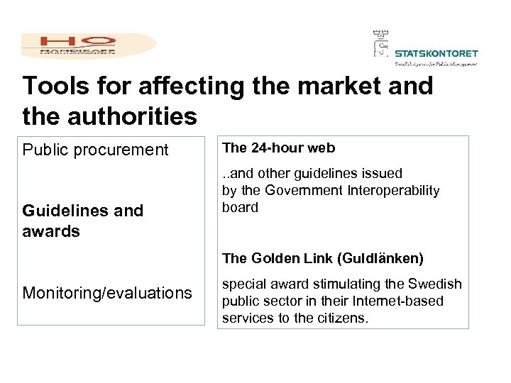Tools for affecting the market and the authorities Public procurement Guidelines and awards The