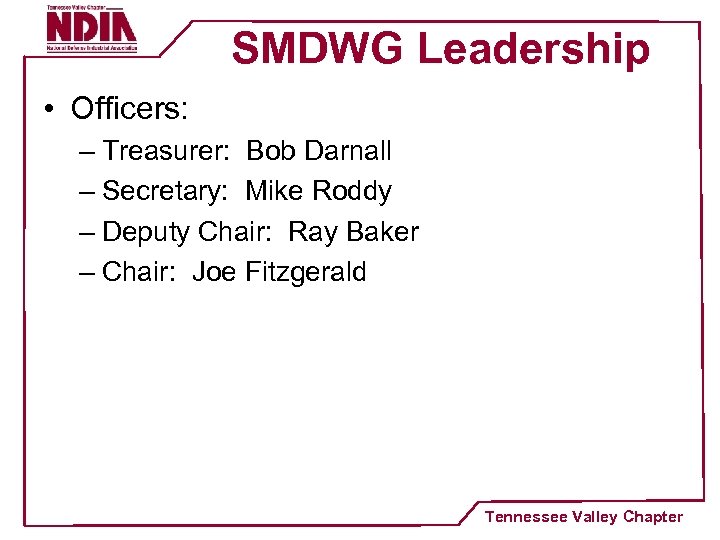 SMDWG Leadership • Officers: – Treasurer: Bob Darnall – Secretary: Mike Roddy – Deputy